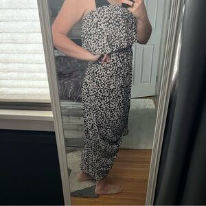 Black and White Strapless Dress with Flowing Silhouette